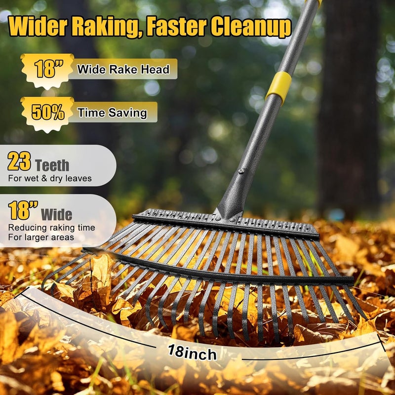 Lilyvane Garden Rake for Leaves: 18” Wide Metal Leaf Rake, 65” Long Adjustable Handle, Heavy Duty 25 Teeth, Fast Kids Women Large Lawn Yard Garden Leaf Cleanup Gardening Rakes: Grass,Debris,Pine Needles Pick - Image 2